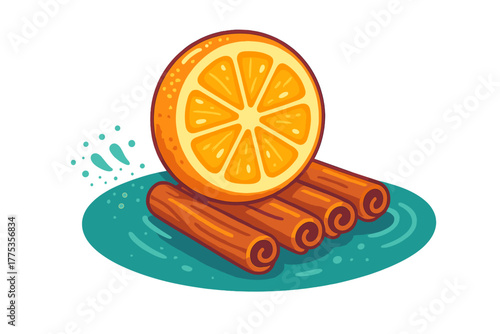 Vibrant orange citrus slice resting on aromatic cinnamon sticks floating on a teal liquid surface