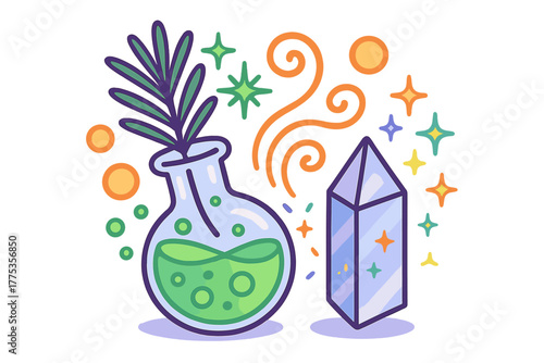 Magical potion flask with green liquid and plant sprig next to a glowing blue crystal