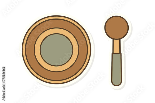 Stylized retro kitchenware sticker featuring a round plate and a long handled spoon utensil