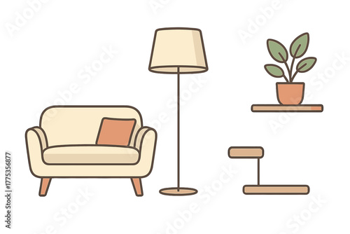 Cozy living room furniture set featuring a comfortable sofa, floor lamp, and houseplant