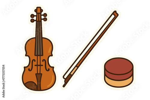 Stylized musical instrument set featuring a classic violin, bow, and rosin cake