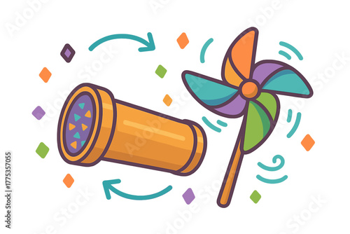 Brightly colored kaleidoscope and spinning pinwheel toys with confetti shapes