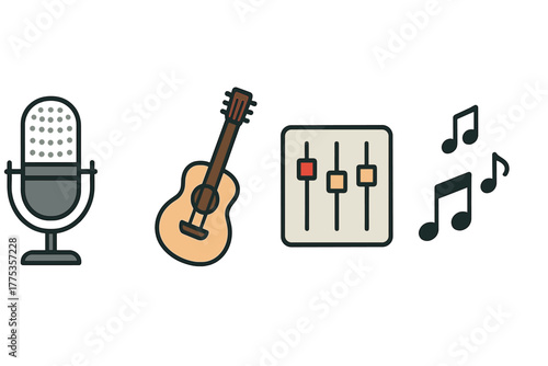 Set of music production icons with microphone, acoustic guitar, sound equalizer, and notes