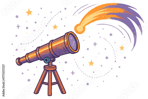 Vintage telescope observing a bright comet streaking across a starry night sky