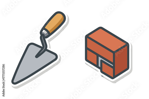 Isometric sticker of a brick and pointed masonry trowel for construction work