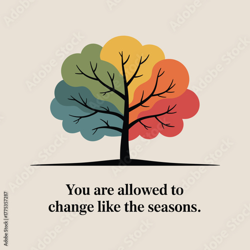 Simple tree illustration with multi-colored leaves and quote colorful seasons