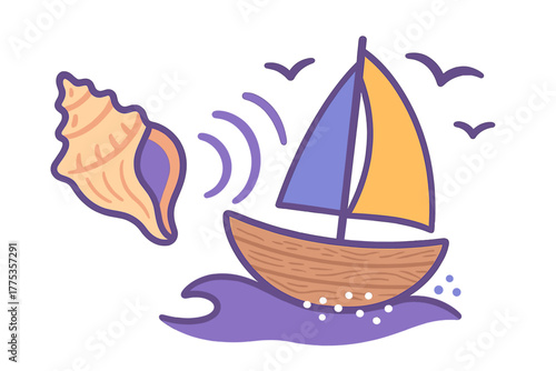 Stylized sailboat sailing on ocean waves with a large conch shell and flying seagulls
