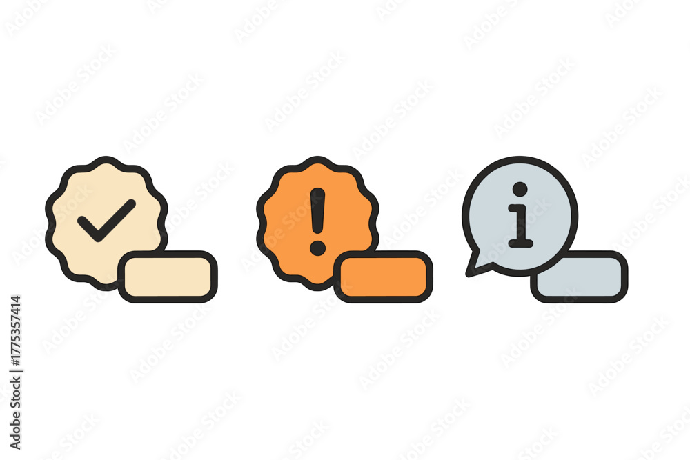 Obraz premium Checkmark warning and information icons set with text placeholders for status notifications