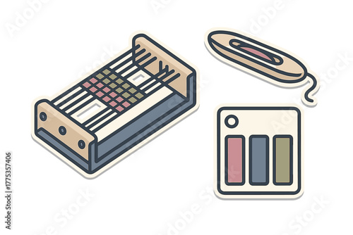 Isometric weaving loom, shuttle, and color palette set for textile craft hobby