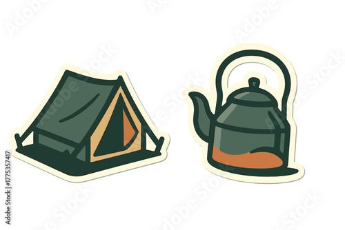 Classic camping tent and traditional stovetop kettle outdoor equipment stickers set