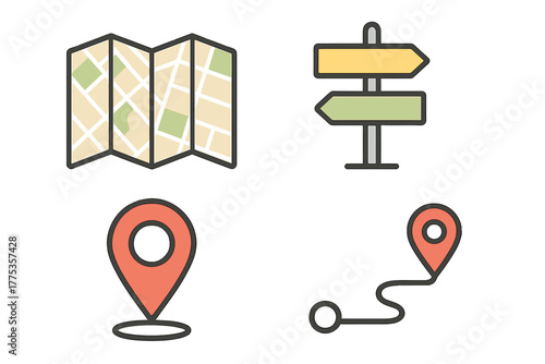 Set of navigation icons featuring folded map, directional signpost, location pins, and route path