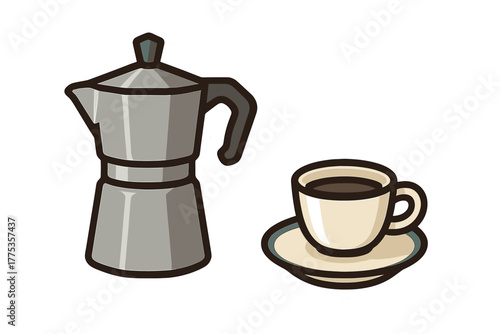 Traditional Moka pot coffee brewer and ceramic cup filled with dark espresso
