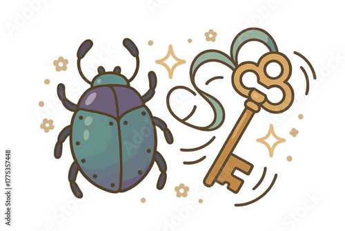 Mystical insect and vintage ornate key design with decorative flowers and shimmering stars