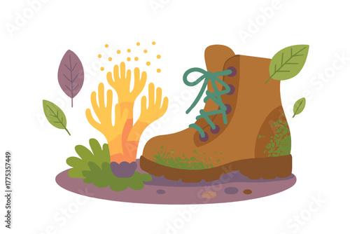 Sturdy brown hiking boot with bright green laces surrounded by stylized nature elements