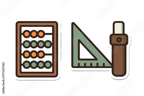 Classic abacus counting frame and triangular ruler with writing instrument for education