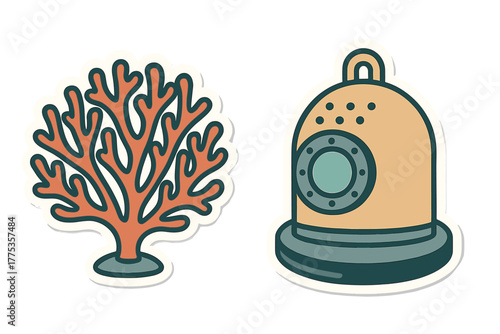 Retro deep sea diving helmet and branching red coral marine life elements