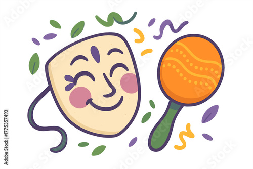 Happy theatrical comedy mask and musical maraca celebrating carnival or fiesta