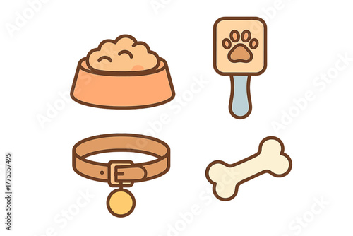 Essential pet care accessories set including food bowl collar bone and paw print icon