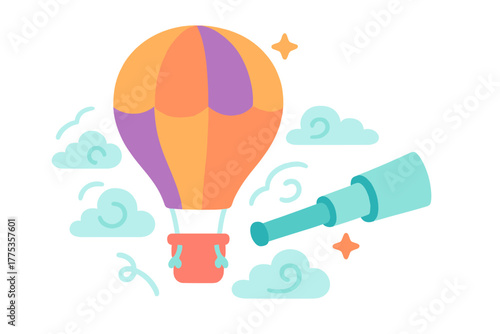 Whimsical hot air balloon floating among clouds carrying a large telescope