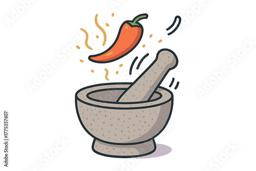 Traditional stone mortar and pestle with a floating red hot chili pepper ready for grinding spices