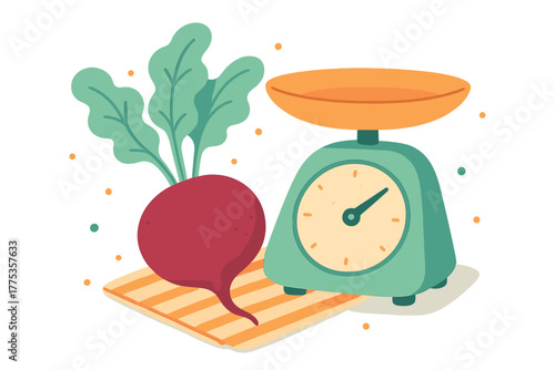 Fresh organic beetroot with green leaves next to a retro kitchen weighing scale