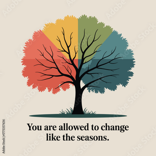 Stylized tree with colorful leaves representing seasons and text change growth