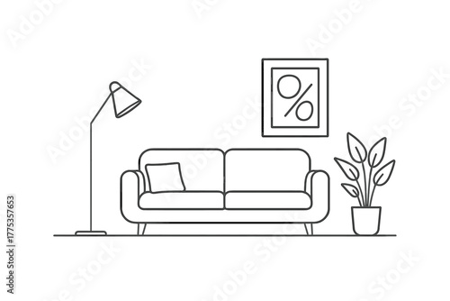 Minimalist living room interior with sofa floor lamp and potted houseplant