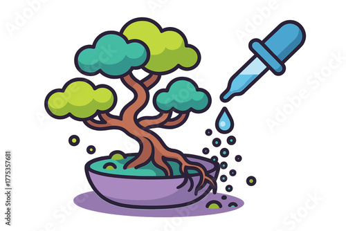 Watering a miniature bonsai tree in a purple pot with a blue glass dropper