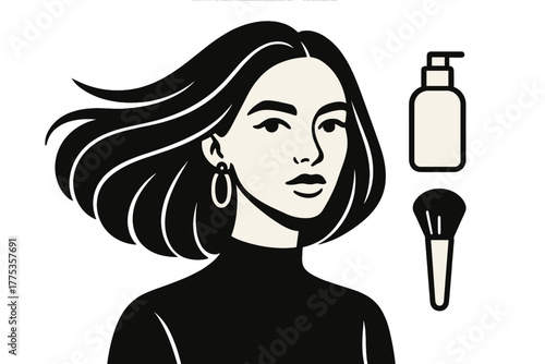 Minimalist portrait of a woman with flowing hair next to a cosmetic pump bottle and makeup brush
