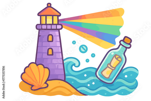 Colorful lighthouse shining rainbow light beam over ocean waves with message in a bottle and seashell