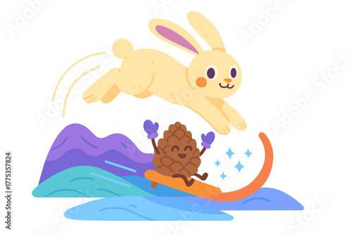 Adorable cartoon bunny leaping above a cheerful pinecone character riding a sled down snowy slopes