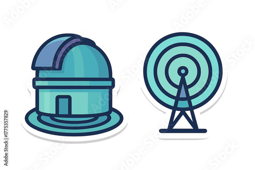 Sticker icons set featuring an observatory dome and a radio antenna tower for science and technology