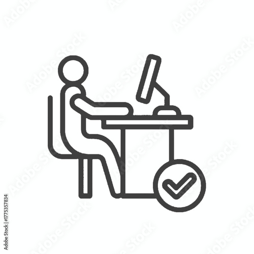Ergonomic Workspace Icon Person at Desk with Checkmark, Promoting Good Posture