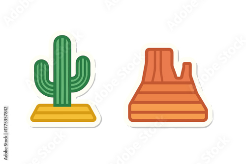 Stylized desert landscape featuring a green cactus and an orange mesa rock formation