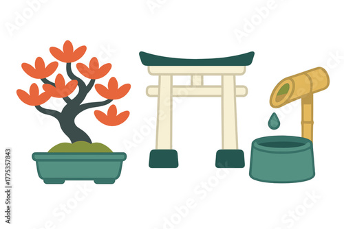 Traditional Japanese garden elements featuring a bonsai, Shinto torii gate, and bamboo fountain