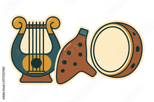 Retro style musical instruments set featuring lyre, ocarina, and tambourine