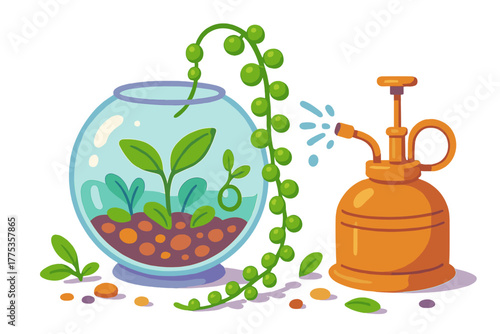 Small glass terrarium containing growing plants next to a vintage style spray bottle
