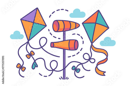 Two bright diamond kites soaring in the sky next to an orange windsock on a pole