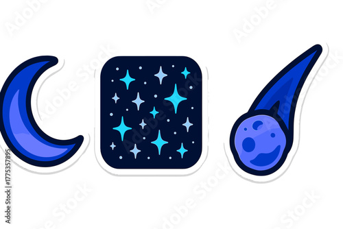 Crescent moon, sparkling stars, and bright blue comet cosmic elements set