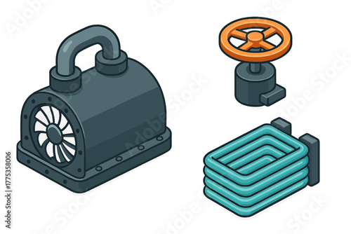 Industrial equipment components including blower fan, control valve, and cooling coil unit