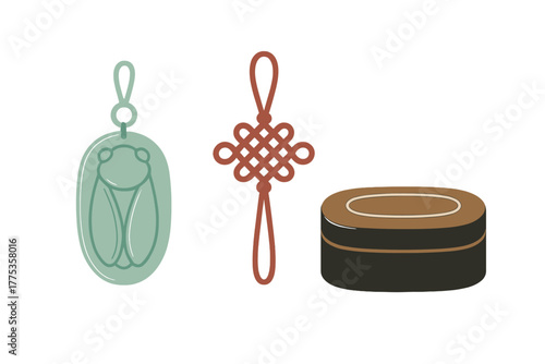 Jade cicada pendant, endless knot, and lacquer box representing Chinese culture