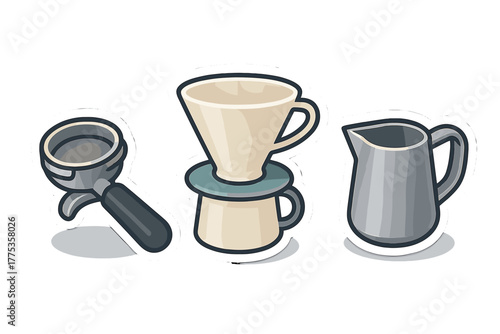 Set of essential coffee brewing equipment including portafilter, pour-over dripper, and milk pitcher