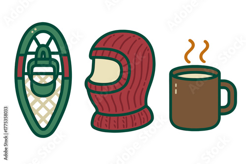 Winter outdoor essentials set featuring a snowshoe, red balaclava, and steaming mug of hot beverage