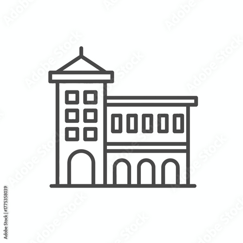 Urban municipal building outline icon, a simple line art vector illustration of classic architecture with a tower and arches