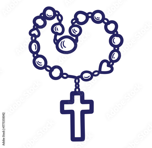 Simple line art illustration of a rosary bead necklace with crucifix religious symbol