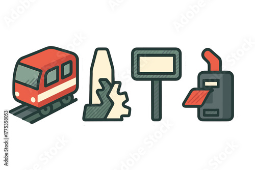 Subway train, landmark monument, blank billboard, and ticket machine set