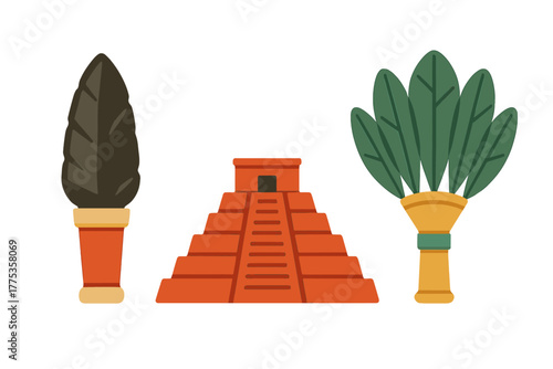 Stylized ancient Mesoamerican pyramid temple structure with decorative tropical plants