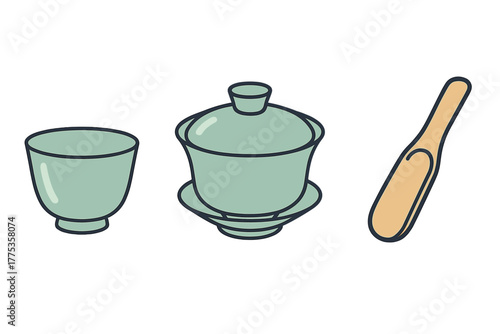 Traditional Chinese tea ceremony set featuring a gaiwan, small cup, and wooden scoop