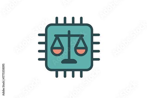 Digital justice scales of balance integrated into a microchip processor icon
