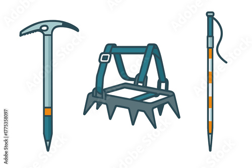 Essential mountaineering equipment set featuring ice axe, crampons, and trekking pole